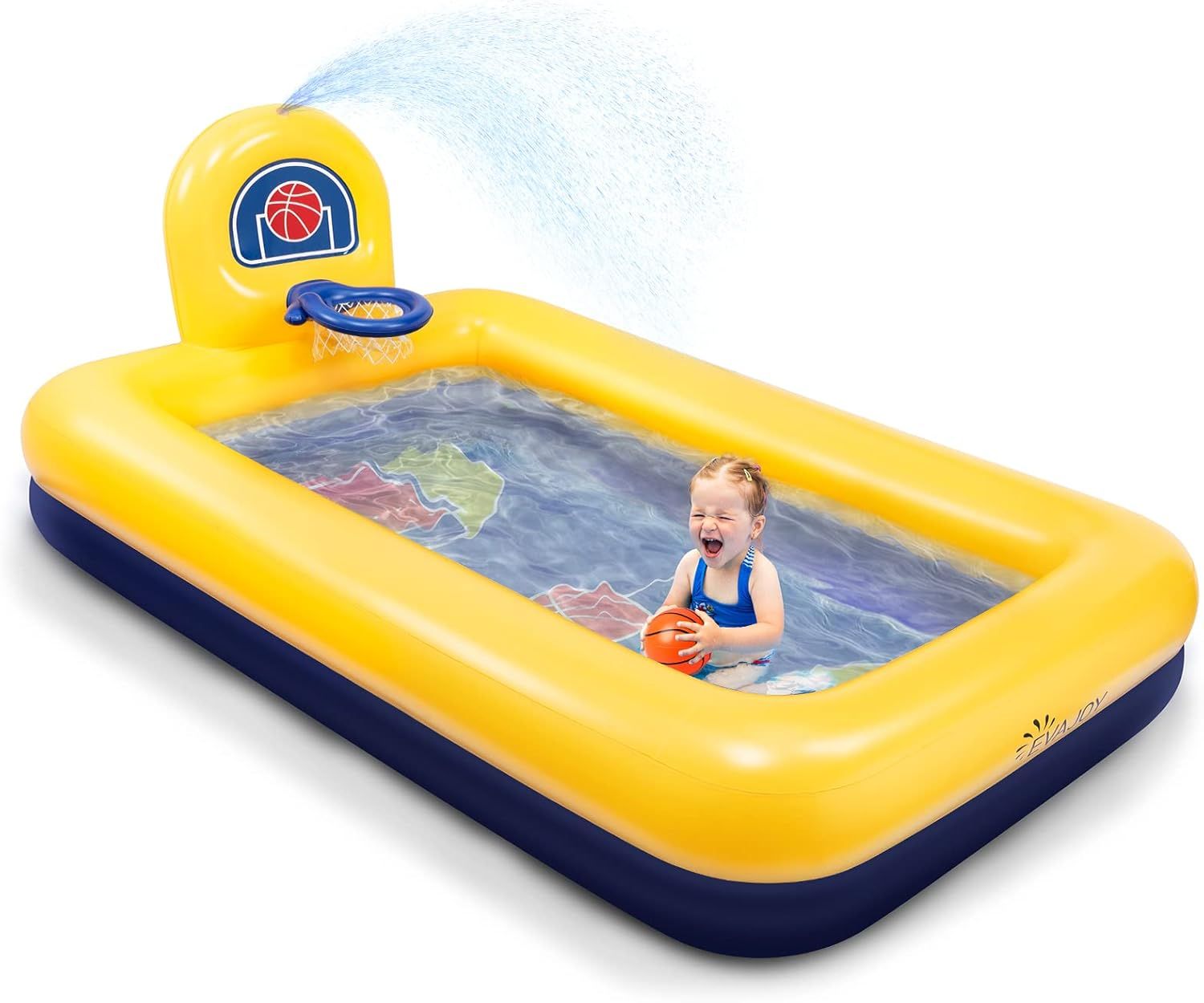 Evajoy Yellow and Blue Inflatable Kiddie Pool with Basketball Hoop