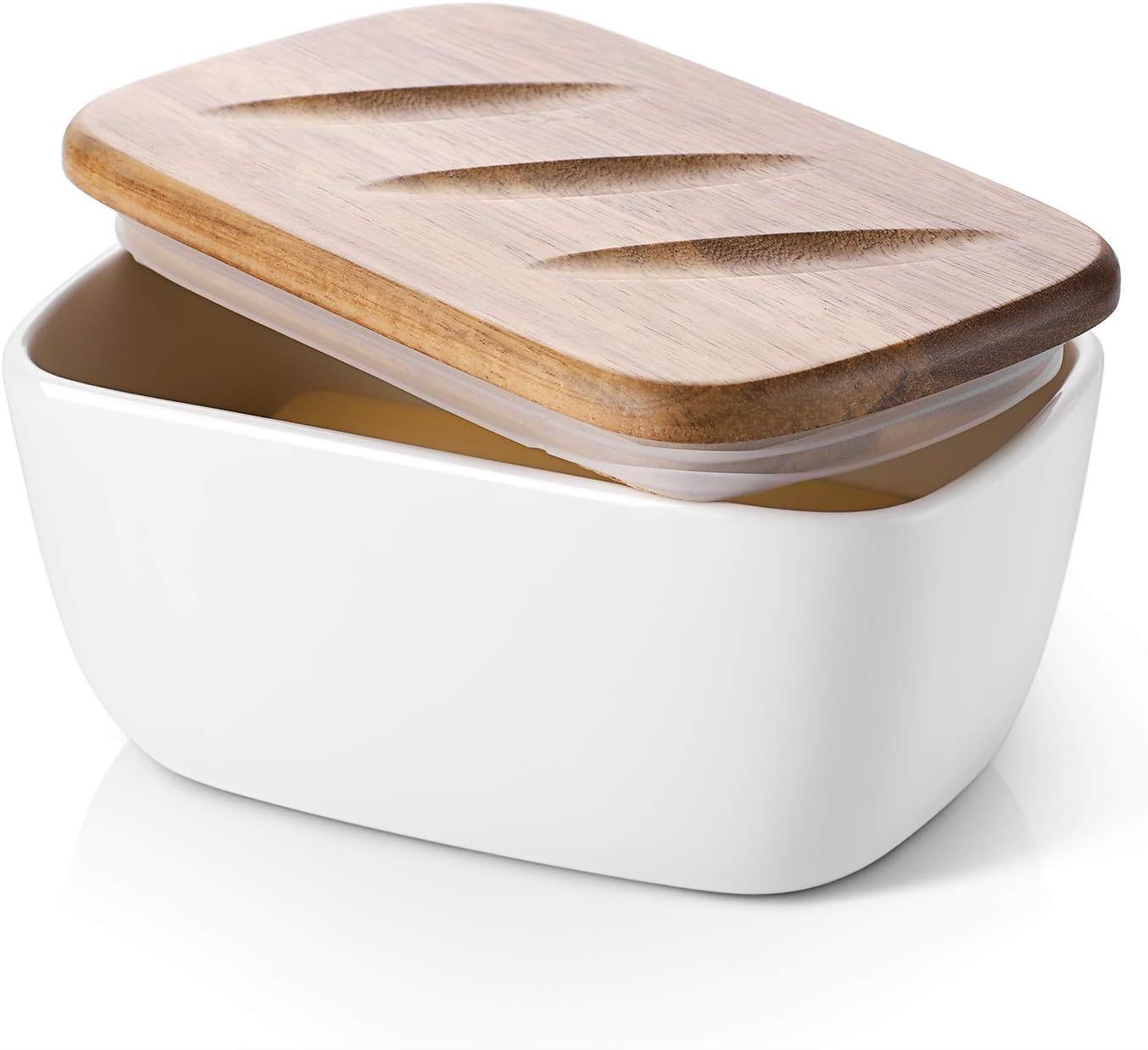 White Ceramic Butter Dish with Acacia Wood Lid