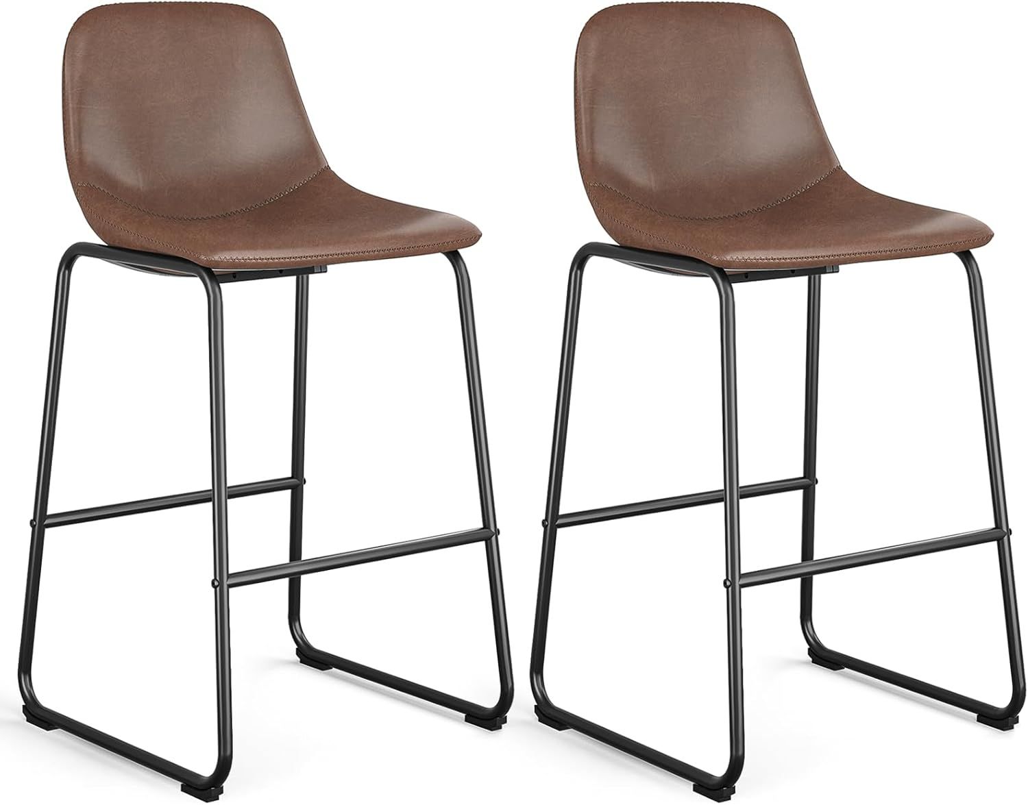 Brown Faux Leather Industrial Counter Height Stools with Metal Frame, Set of 2