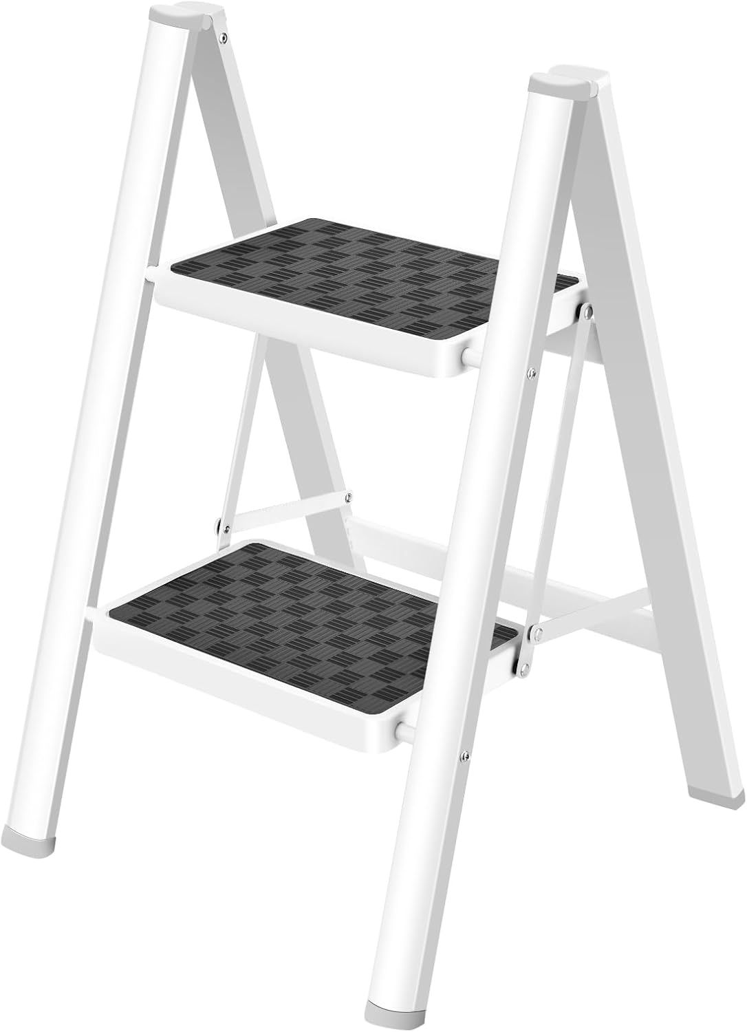 White Foldable 2-Step Steel Ladder with Anti-Slip Pedals