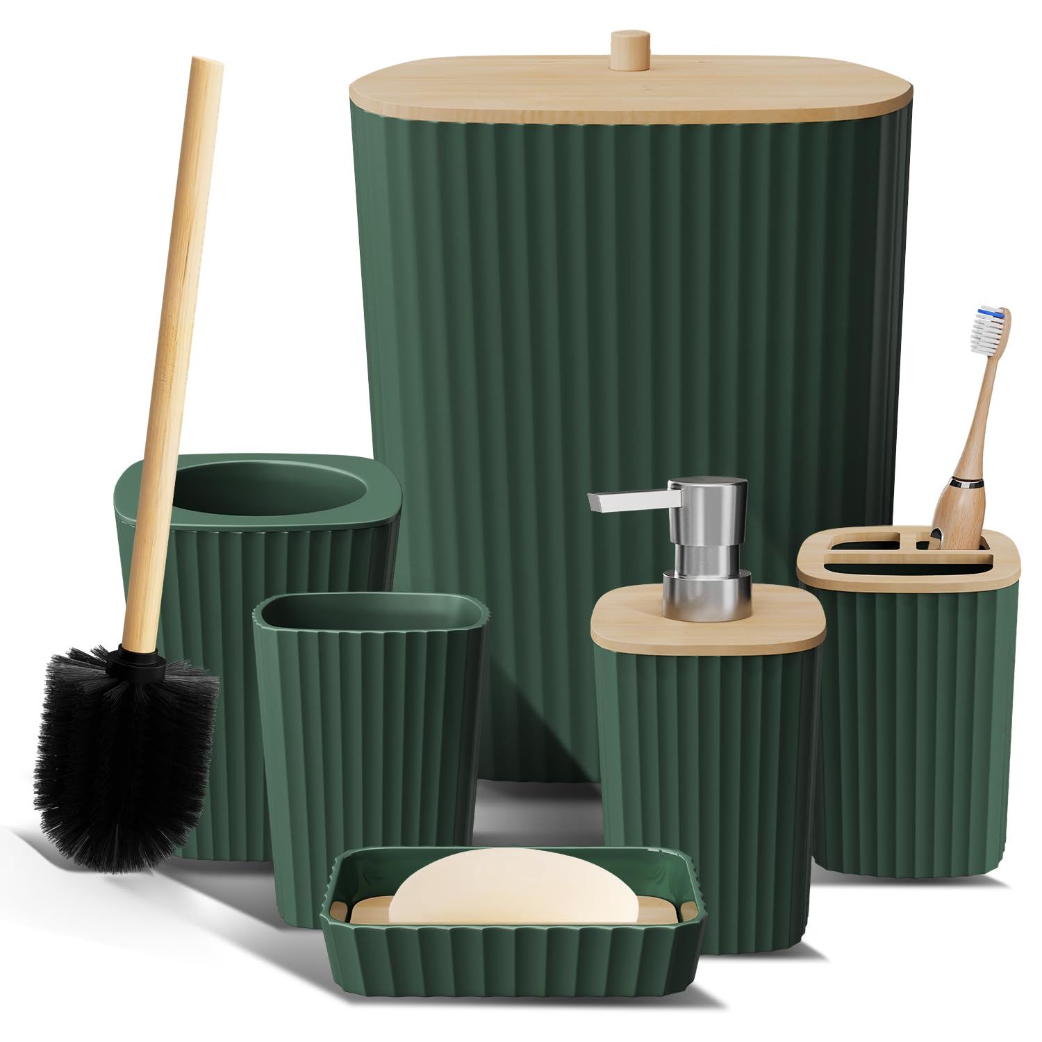Hunter Green and Bamboo Modern 6-Piece Bathroom Accessory Set