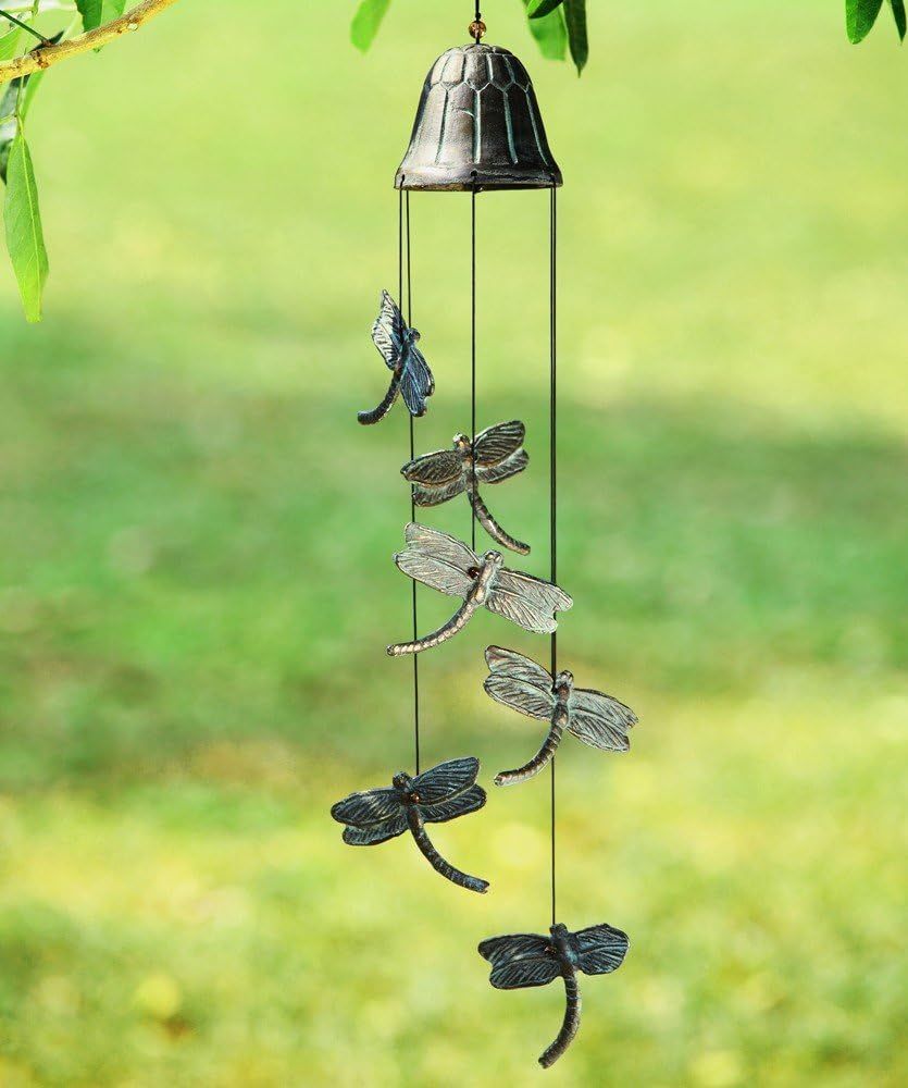 Cast Iron Dragonfly Wind Chime with Brass Patina Finish