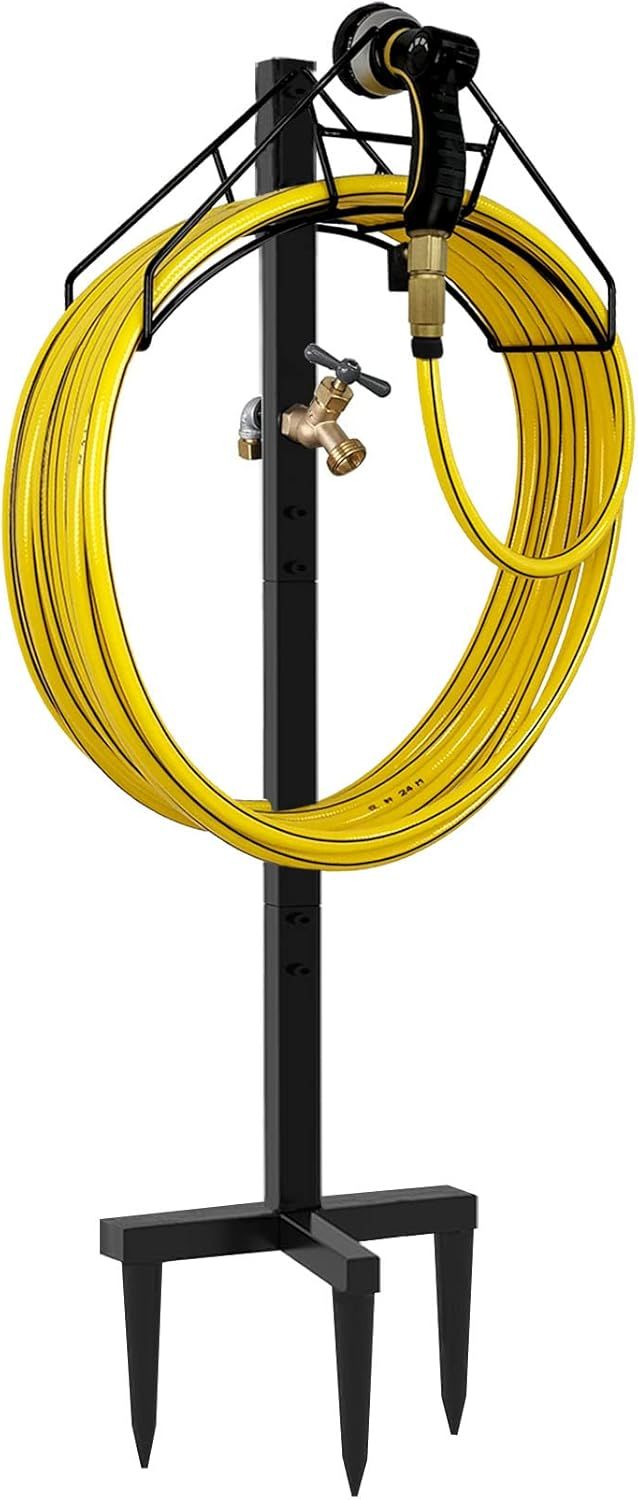 Freestanding Black Metal Garden Hose Holder with Brass Faucet