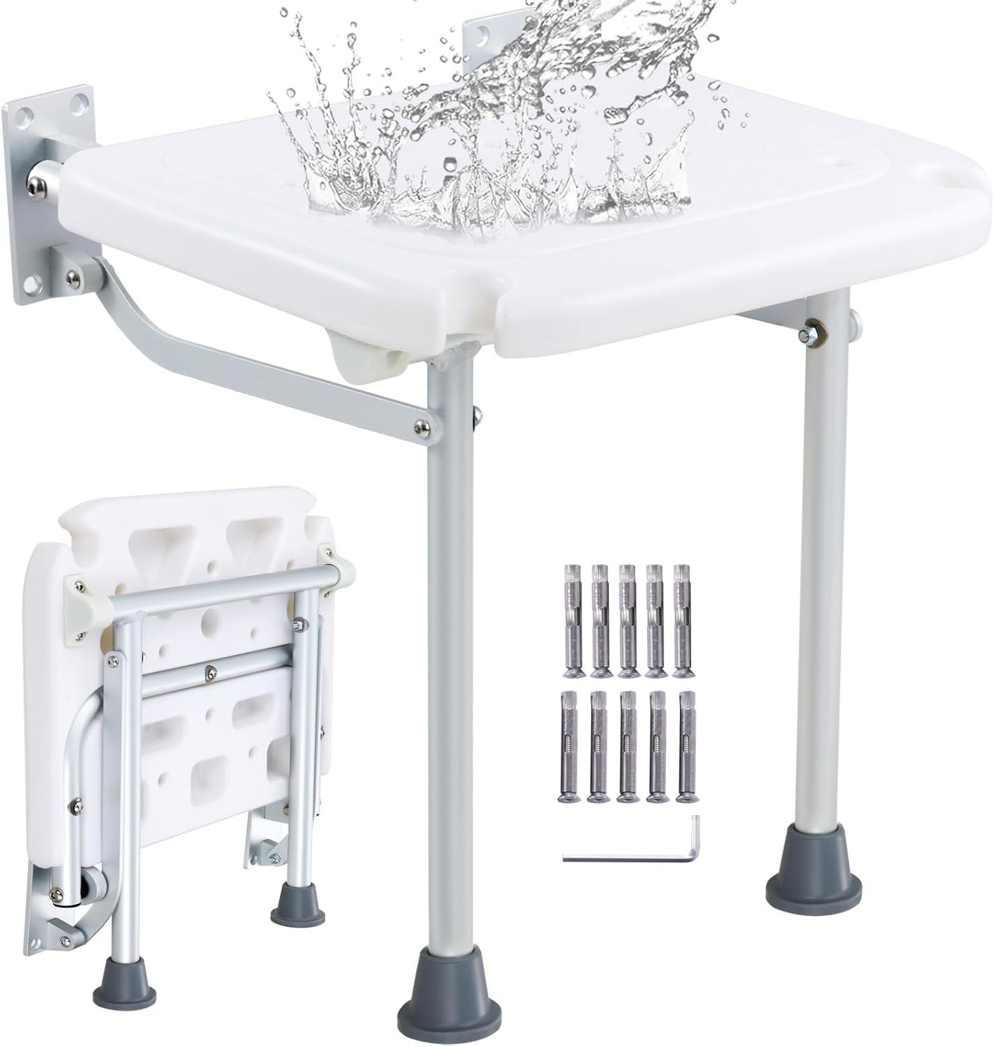 White Foldable Wall-Mounted Plastic Shower Seat with Stainless Steel Screws