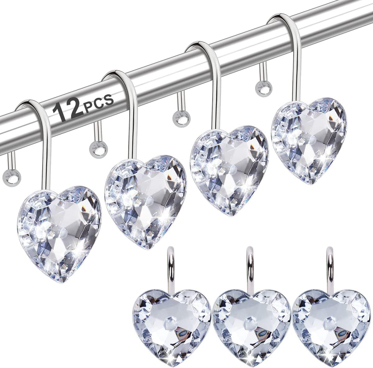 12PCS Stainless Steel Shower Curtain Hooks with Rhinestones