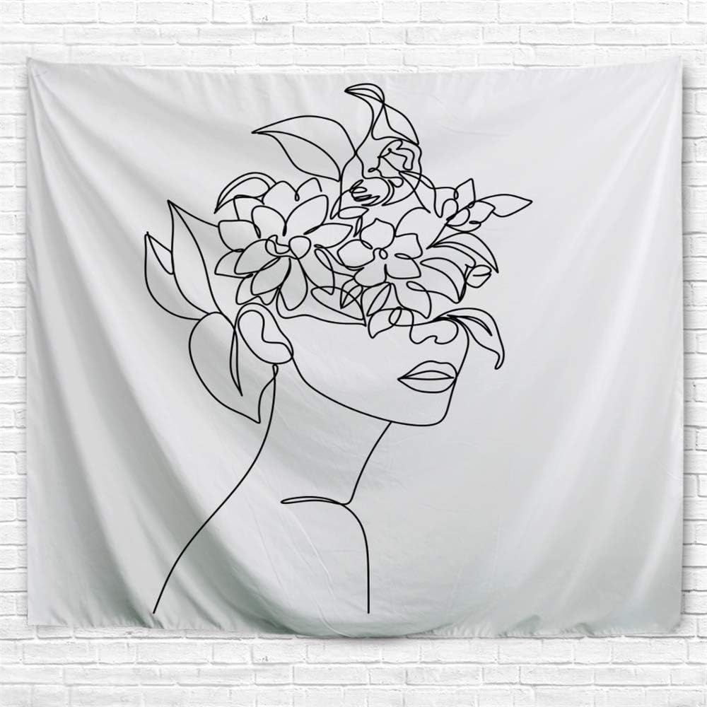 Black and White Abstract Woman Face Tapestry with Flowers, 51x60 Inches