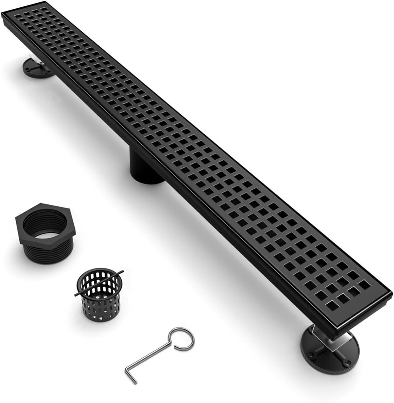 Matte Black Stainless Steel Linear Shower Drain with Square Pattern Cover