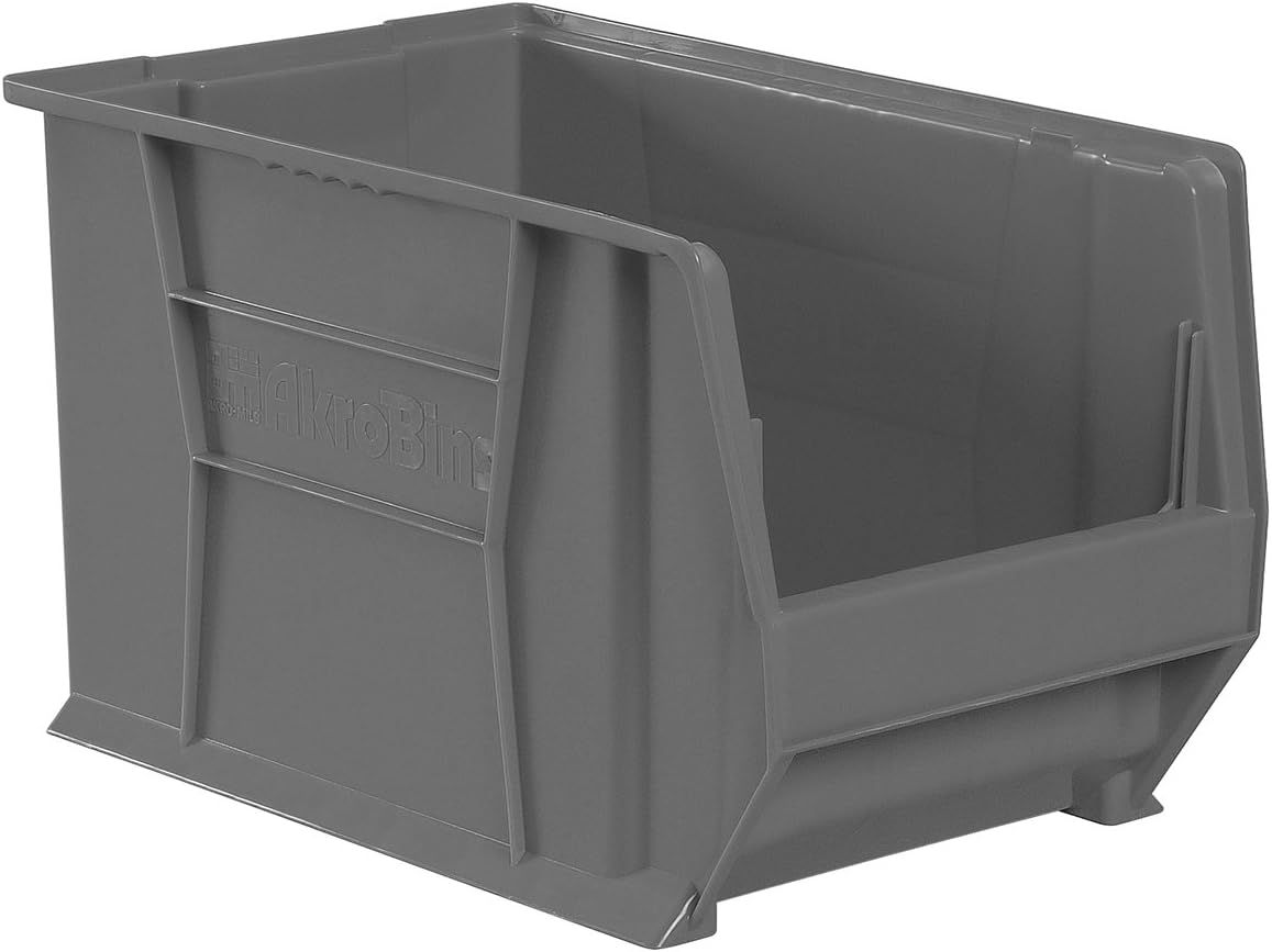 Gray Industrial-Grade Stackable Plastic Storage Bin with Handle