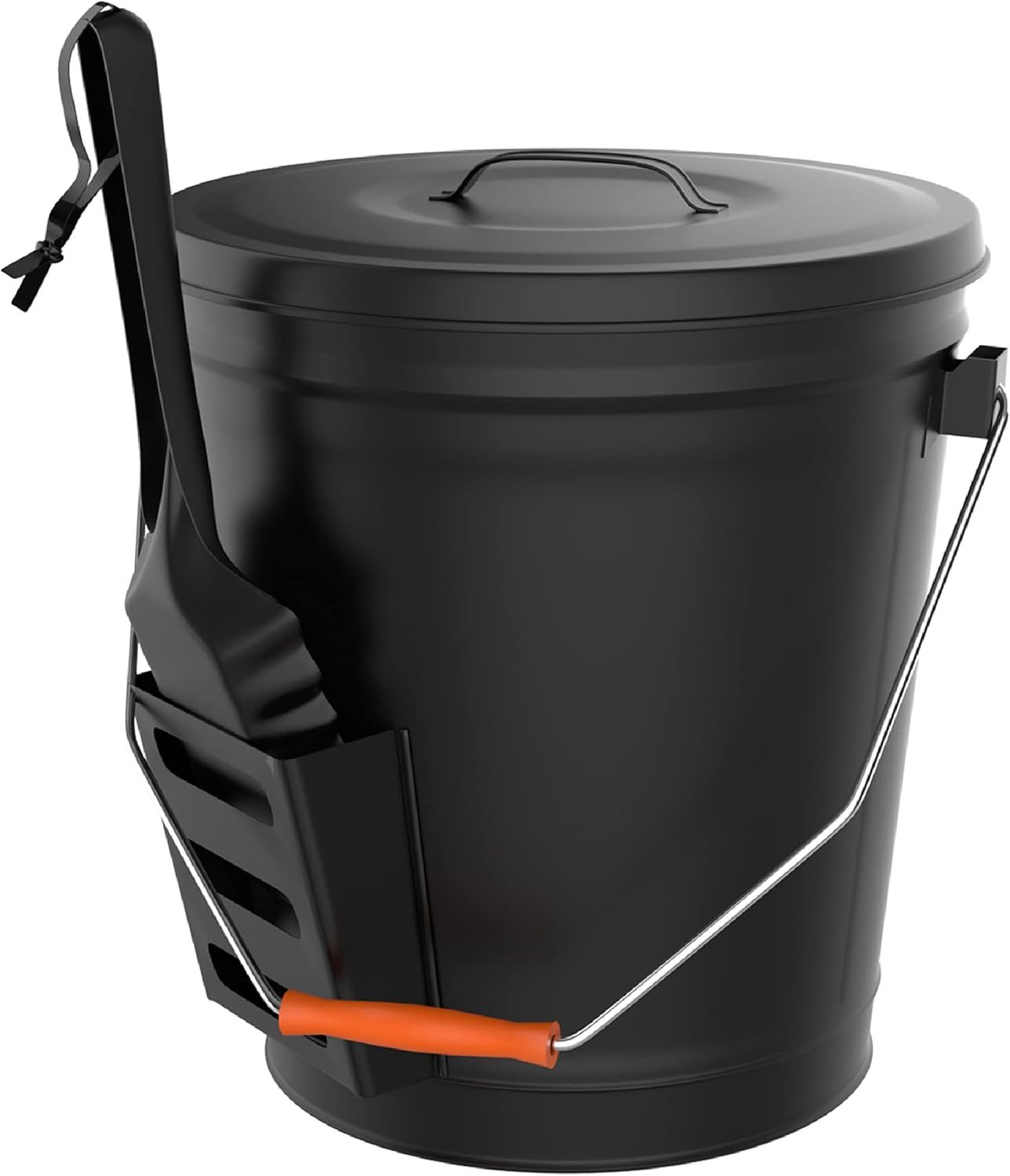 Black Metal Ash Bucket with Lid and Shovel