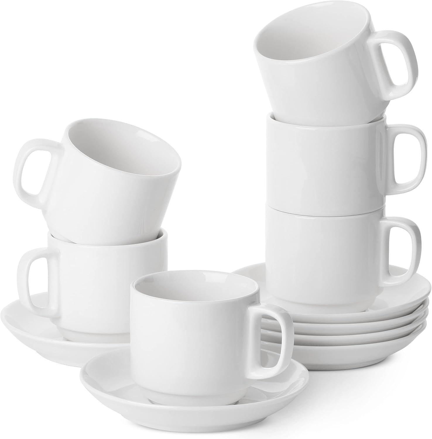 White Porcelain Stackable Tea Cups and Saucers Set of 6