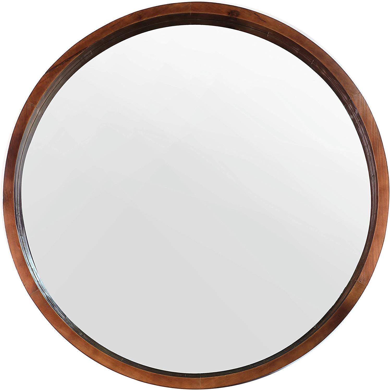 Elegant Walnut Brown 22" Round Wood Wall Mirror