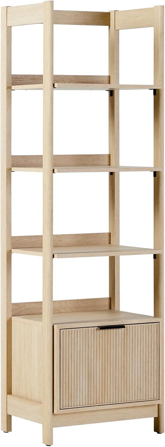 Coastal Oak Modern Reeded Bookshelf with Drawer