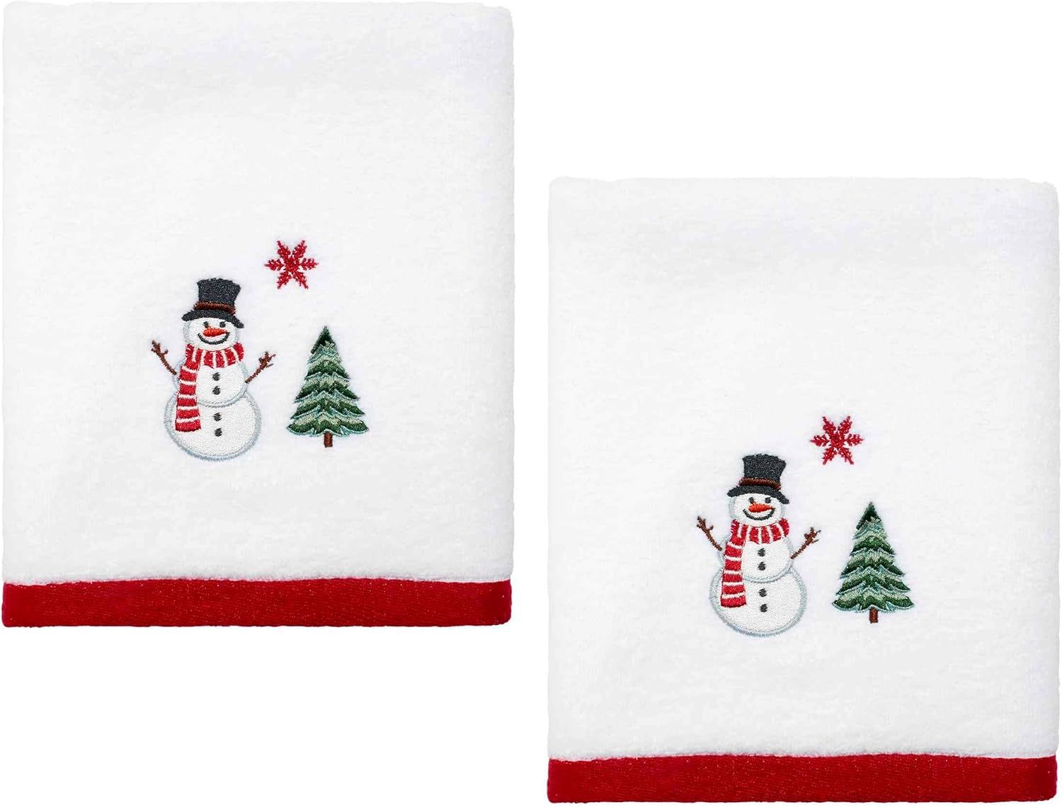 Winter Snowman White Cotton Hand Towels Set of 2