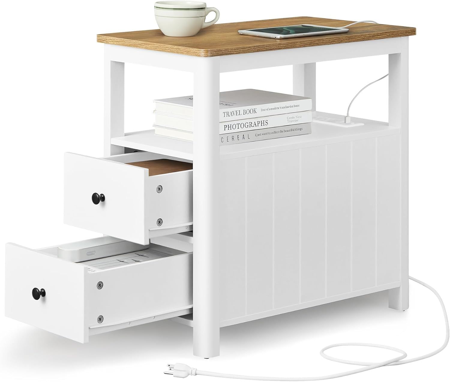 White and Walnut MDF Side Table with Storage and Charging Station