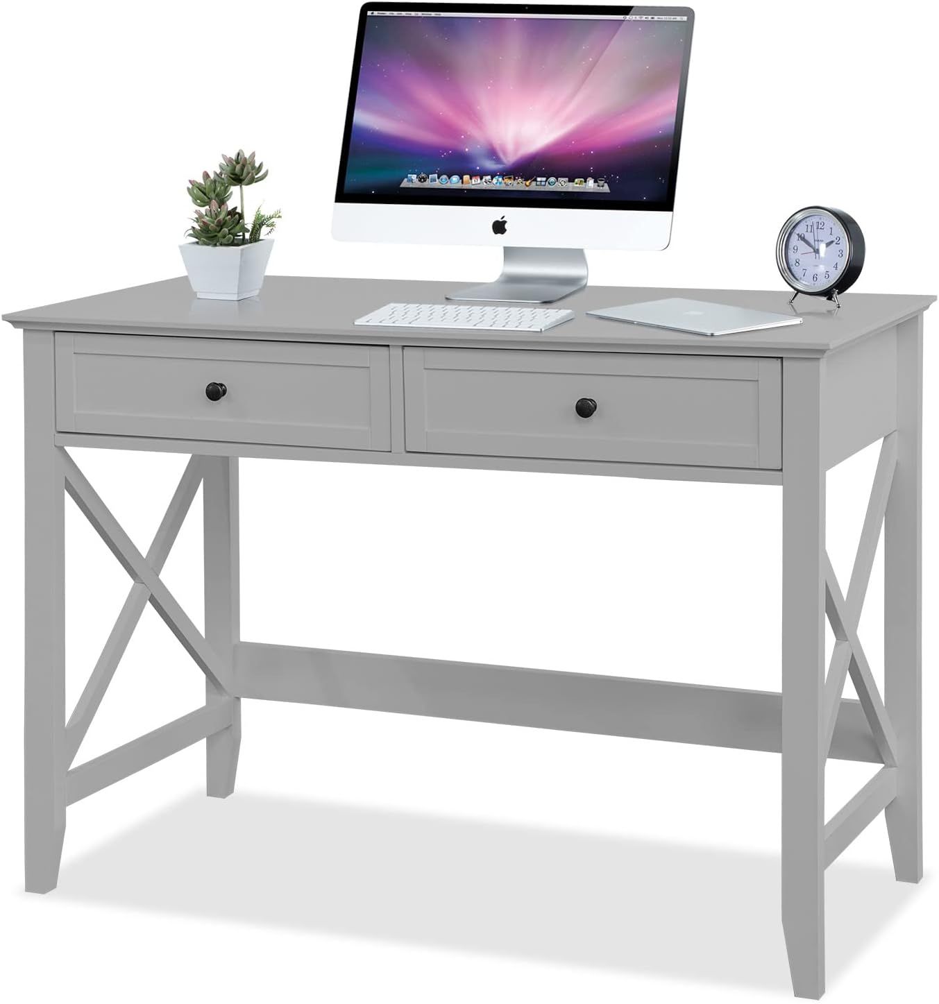 Gray Rectangular Modern Engineered Wood Computer Desk with Drawers