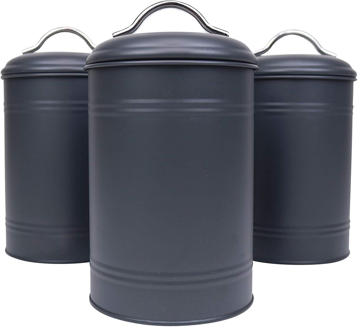 Charcoal Grey Metal Cylindrical Kitchen Canisters Set with Airtight Lids