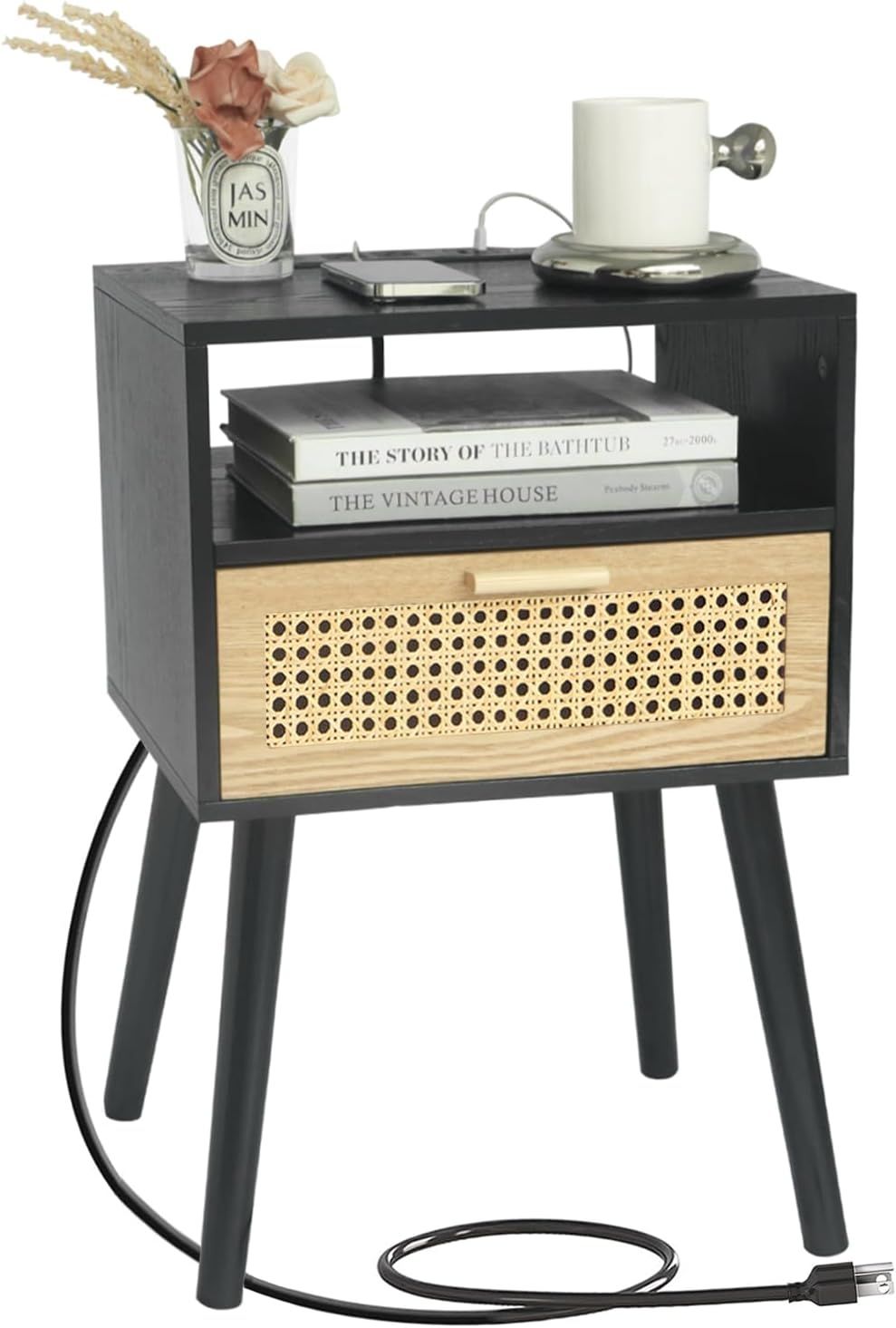 Black Mid-Century Modern Nightstand with Rattan Drawer and Charging Station