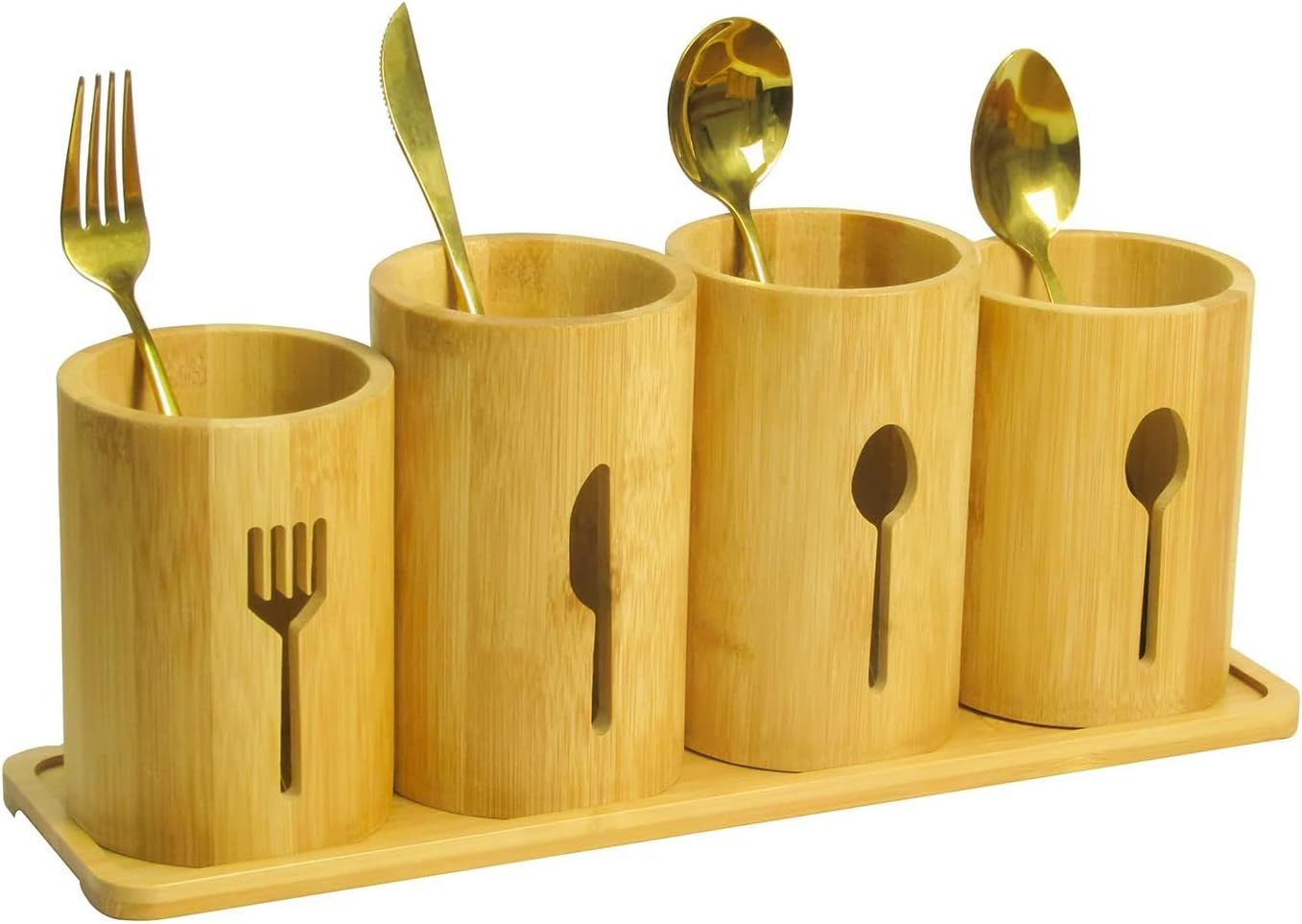 Bamboo Polished Utensil Caddy with Tray