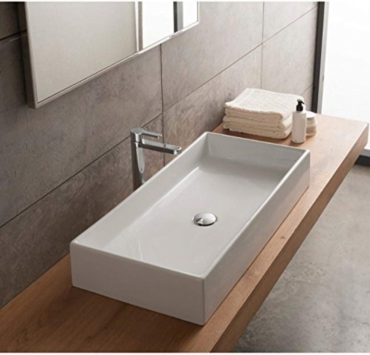 Teorema White Rectangular Ceramic Vessel Sink, 31.69 Inches