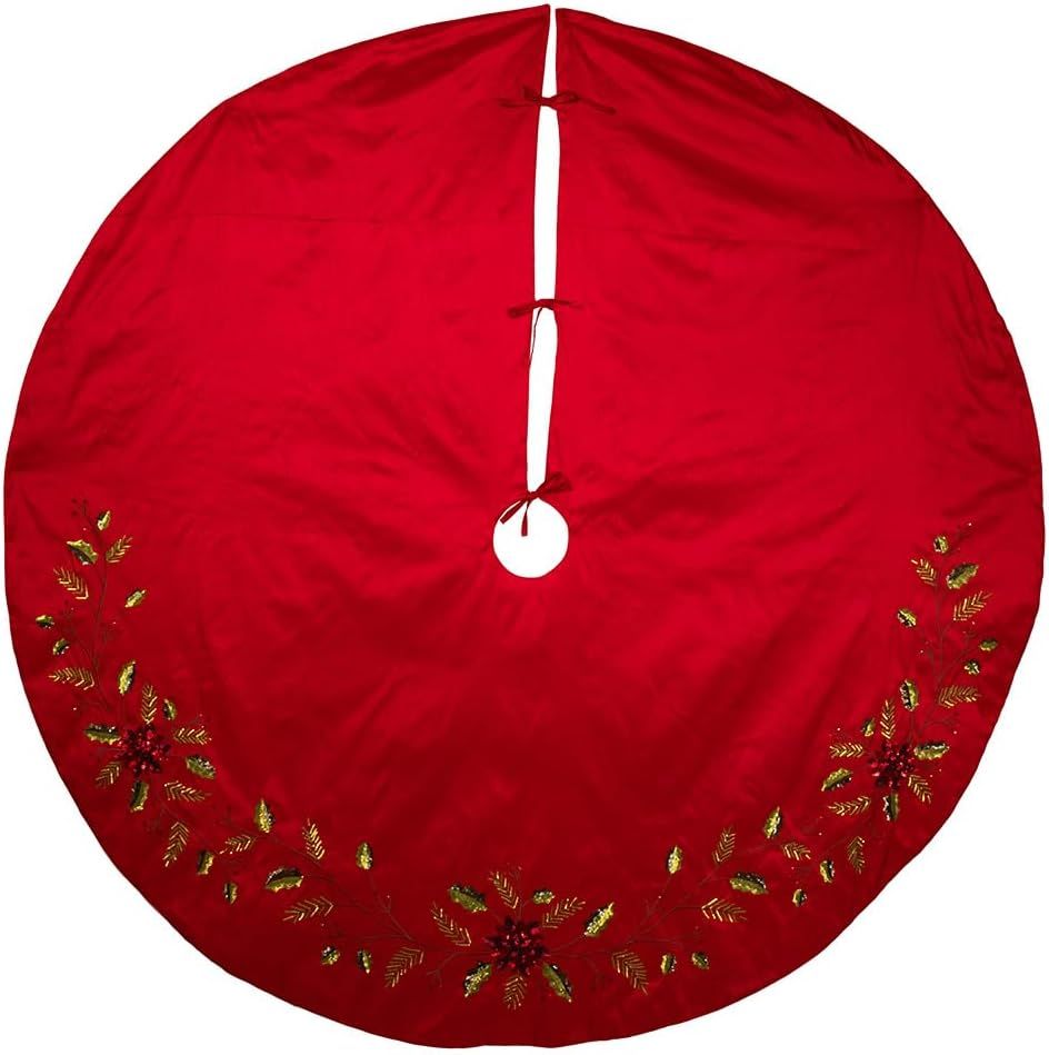 72-Inch Red Dupion Tree Skirt with Sequin Poinsettia