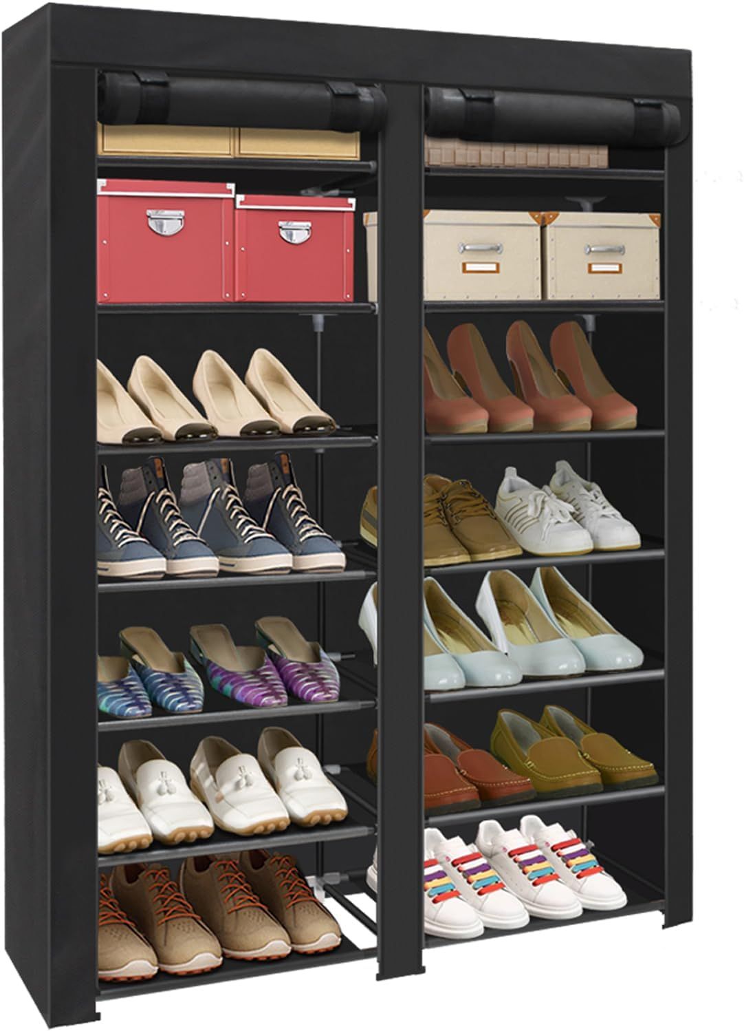 Black Double Row 7-Tier Shoe Rack with Fabric Cover