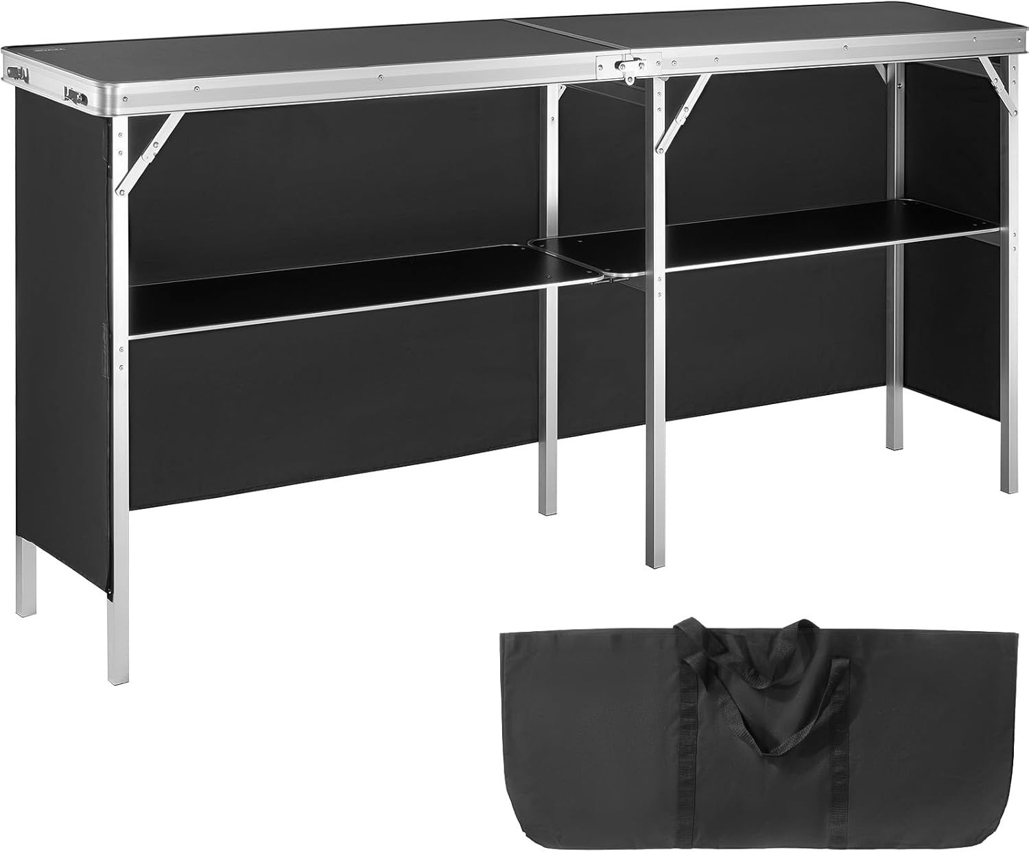 VEVOR Extra Long Folding Portable Black Bar Table with Storage Shelf