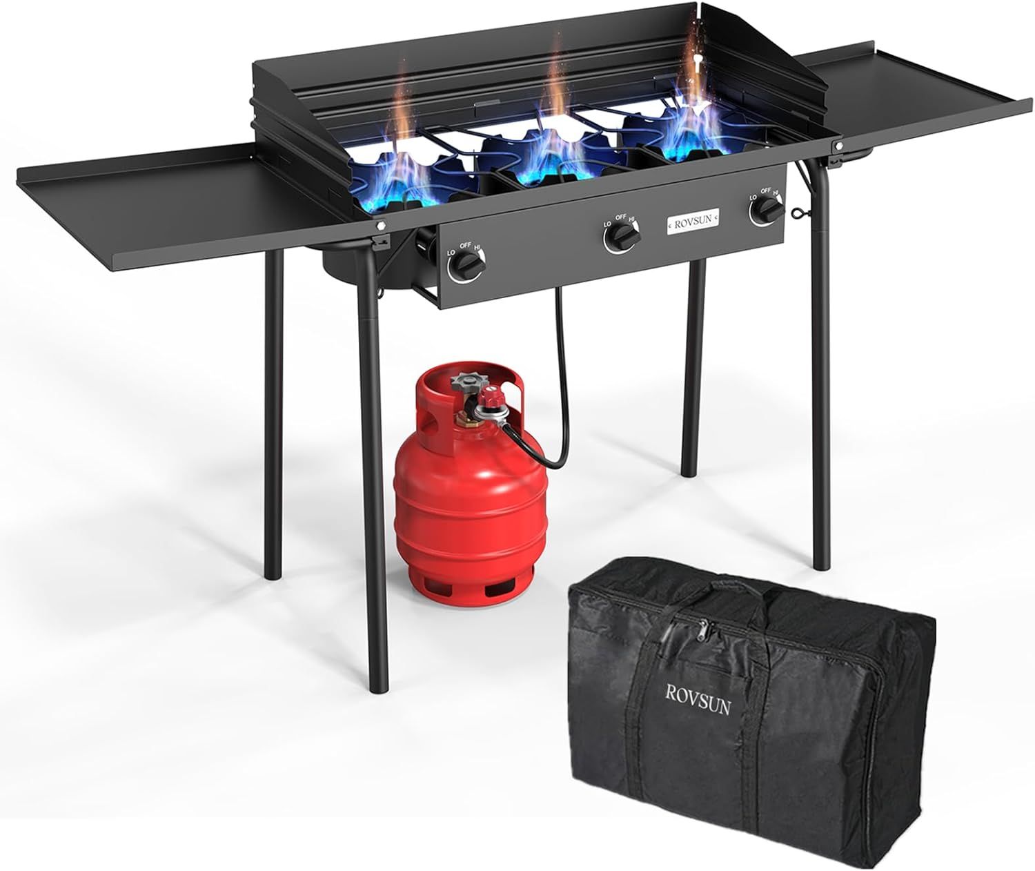 ROVSUN 3-Burner Black Cast Iron Outdoor Propane Stove with Side Shelves