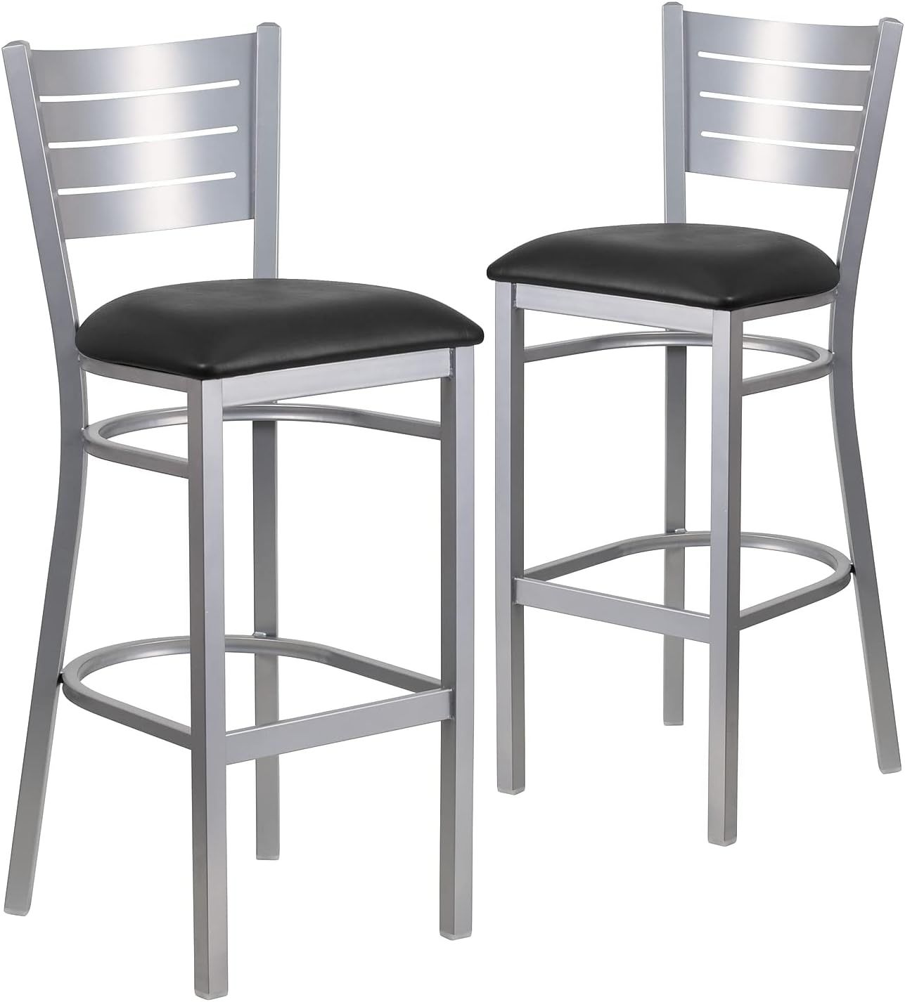 Silver Slat-Back 43.5'' Metal Barstool with Black Vinyl Seat