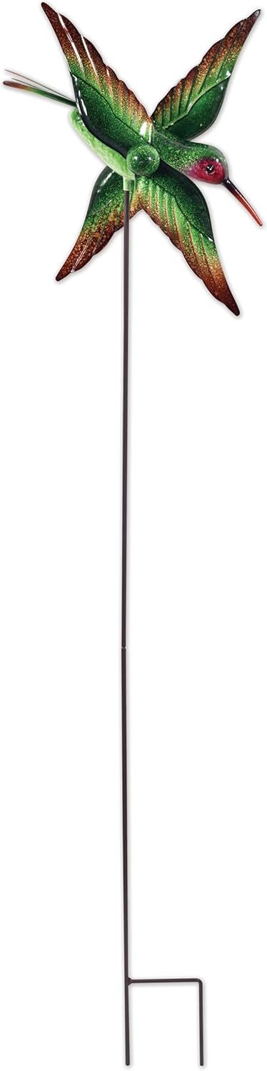 Green Metal Hummingbird Garden Wind Spinner Stake, 36.5-Inch