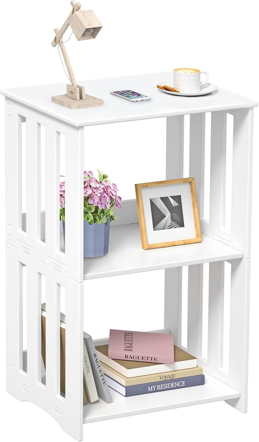 White PVC 3-Tier Minimalist End Table with Storage Shelves