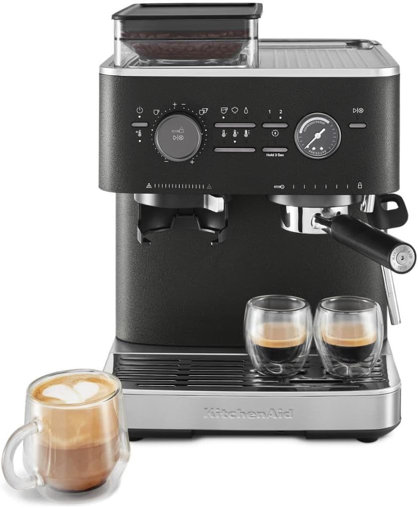 Black Semi Automatic Espresso Machine with Burr Grinder and Steam Wand