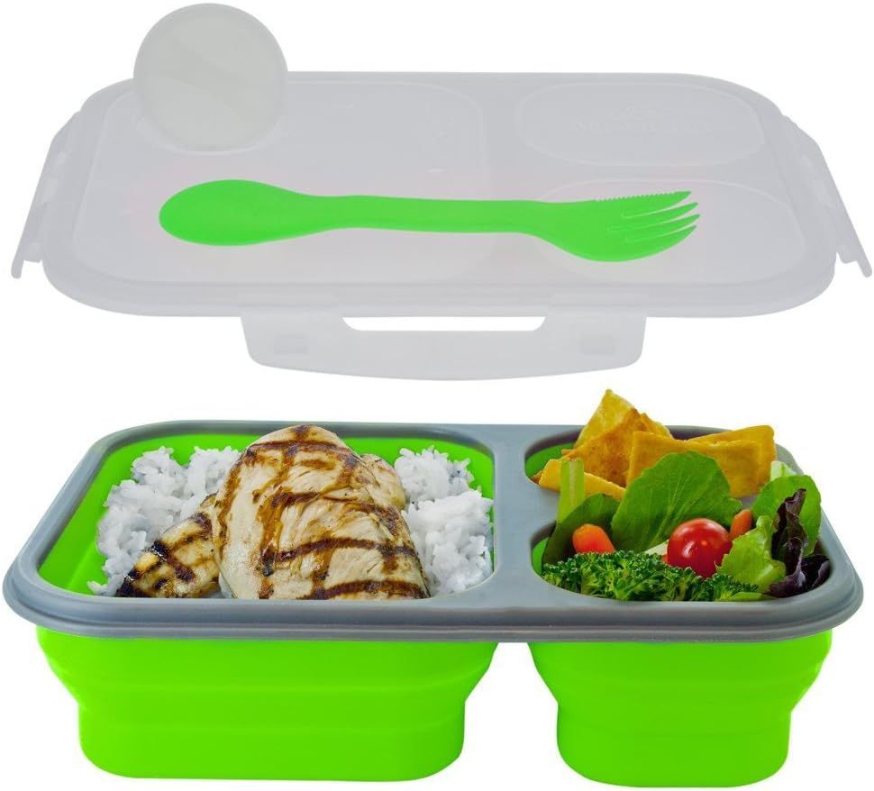 Green Silicone Collapsible 3-Compartment Lunch Box with Spork