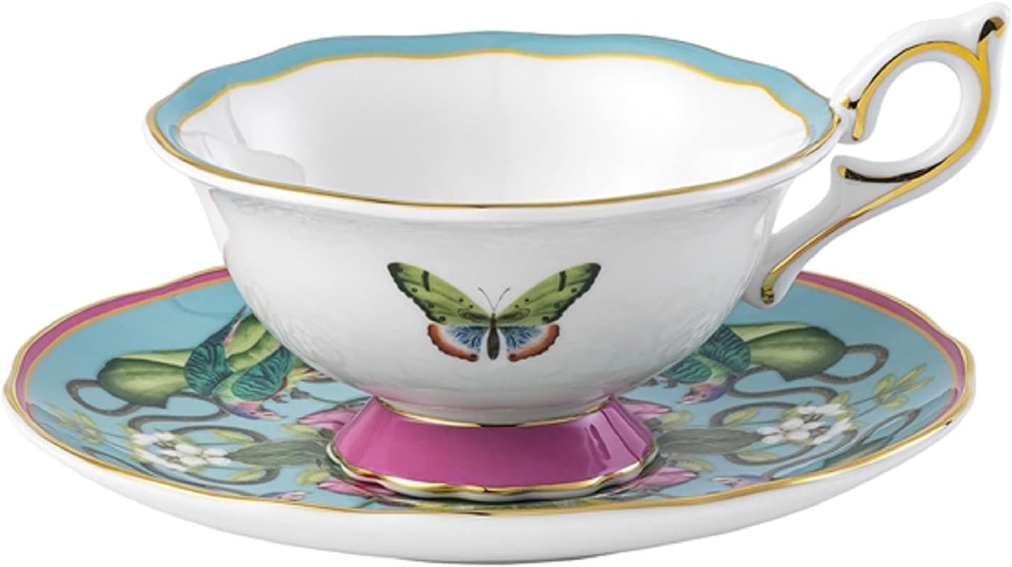 Colorful Ceramic Teacup and Saucer with Floral Print