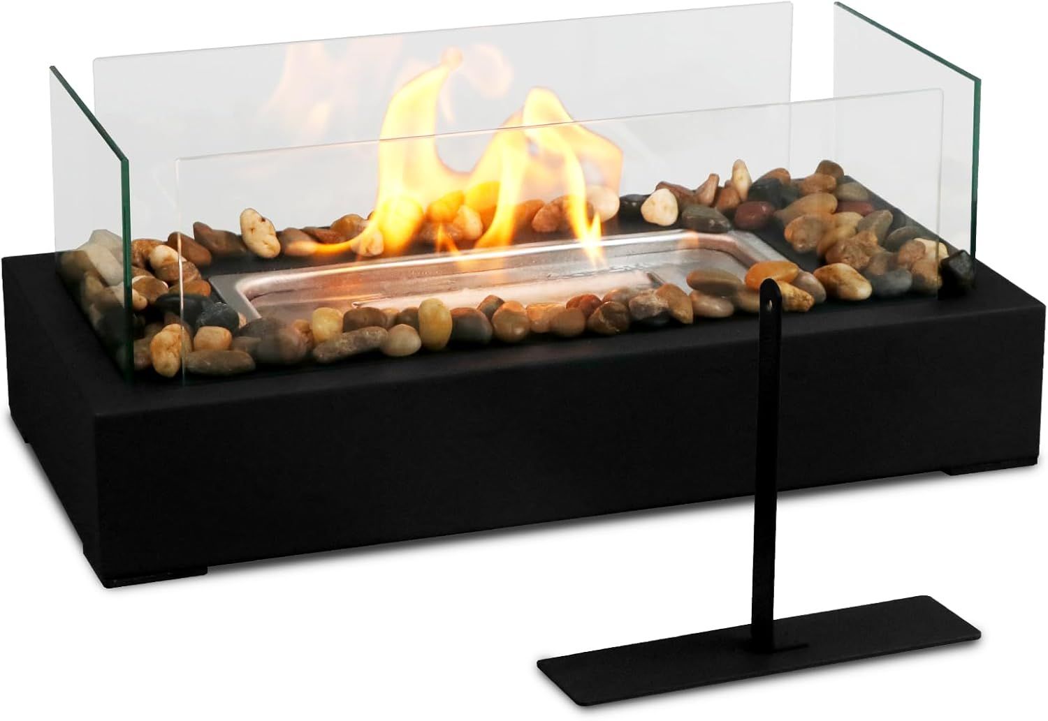 Black Stainless Steel Tabletop Fire Pit with Cobblestone