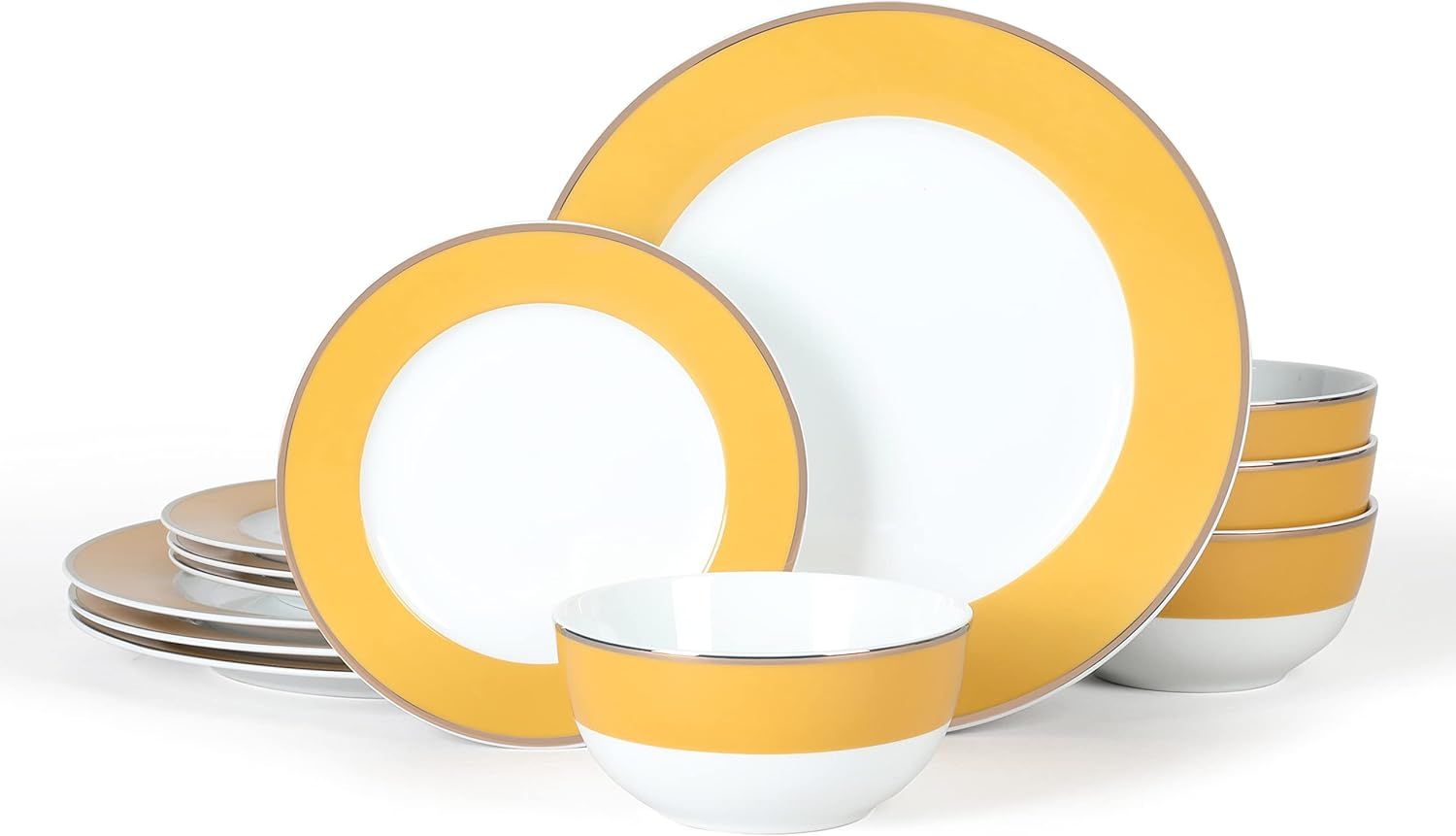 Gold Rimmed Yellow Porcelain Dinnerware Set, Service for 4