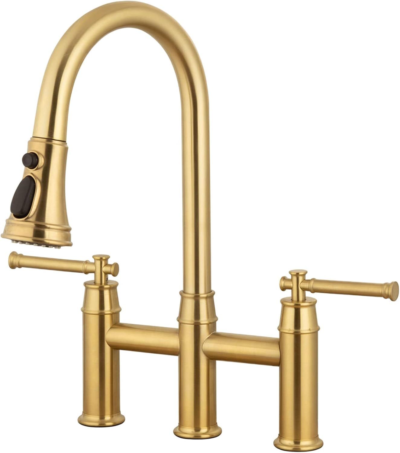 Brushed Gold Brass Bridge Kitchen Faucet with Pull-Out Spray