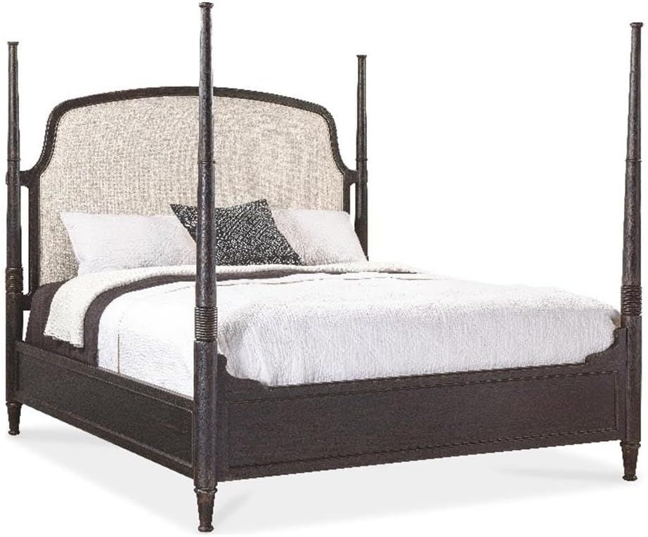 Rustic Beige King Upholstered Poster Bed with Wood Frame