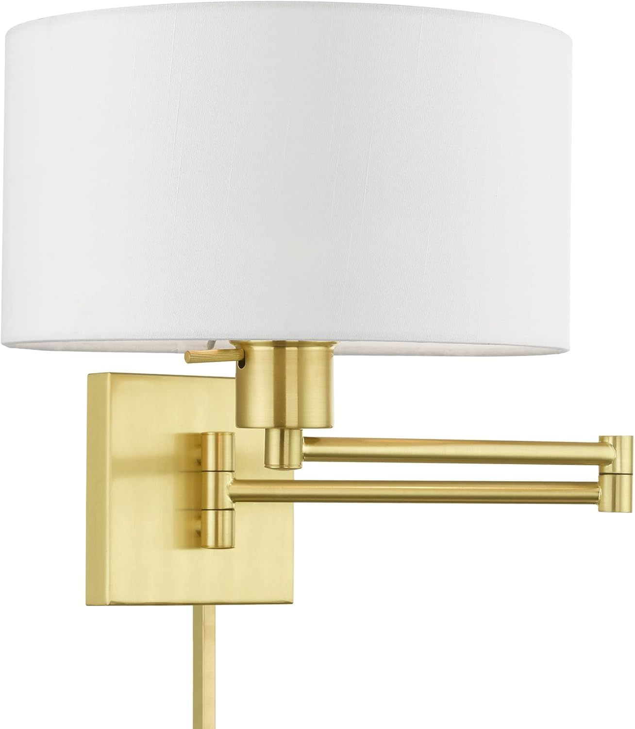 Satin Brass Swing Arm Wall Lamp with Off-White Shade