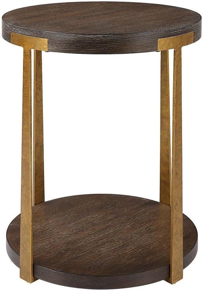 Round Brown Wood and Gold Metal Side Table