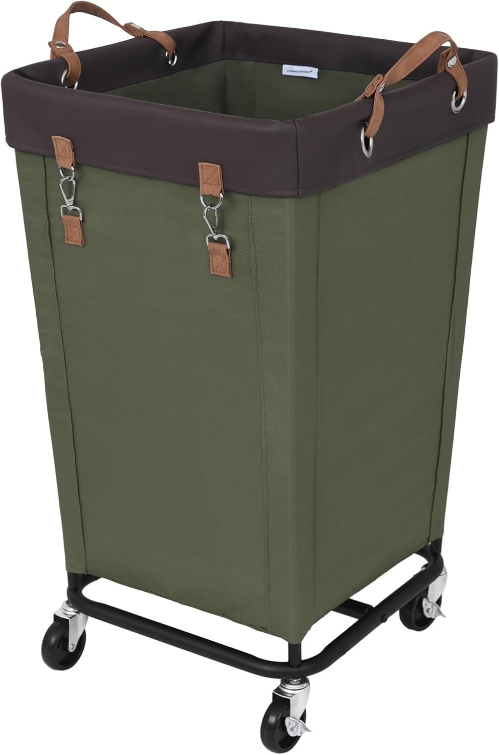 Green Collapsible Laundry Hamper with Wheels and Leather Handles