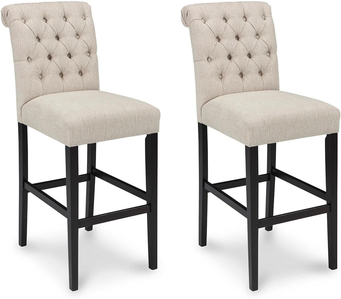 Beige Tufted Upholstered Pub Height Barstools with Wood Frame, Set of 2