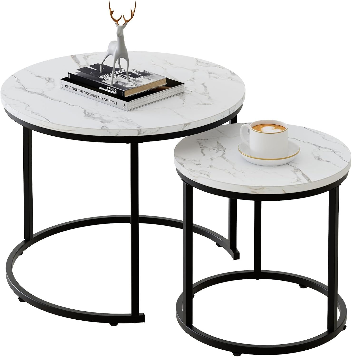 White Faux Marble and Black Metal Round Nesting Coffee Table Set