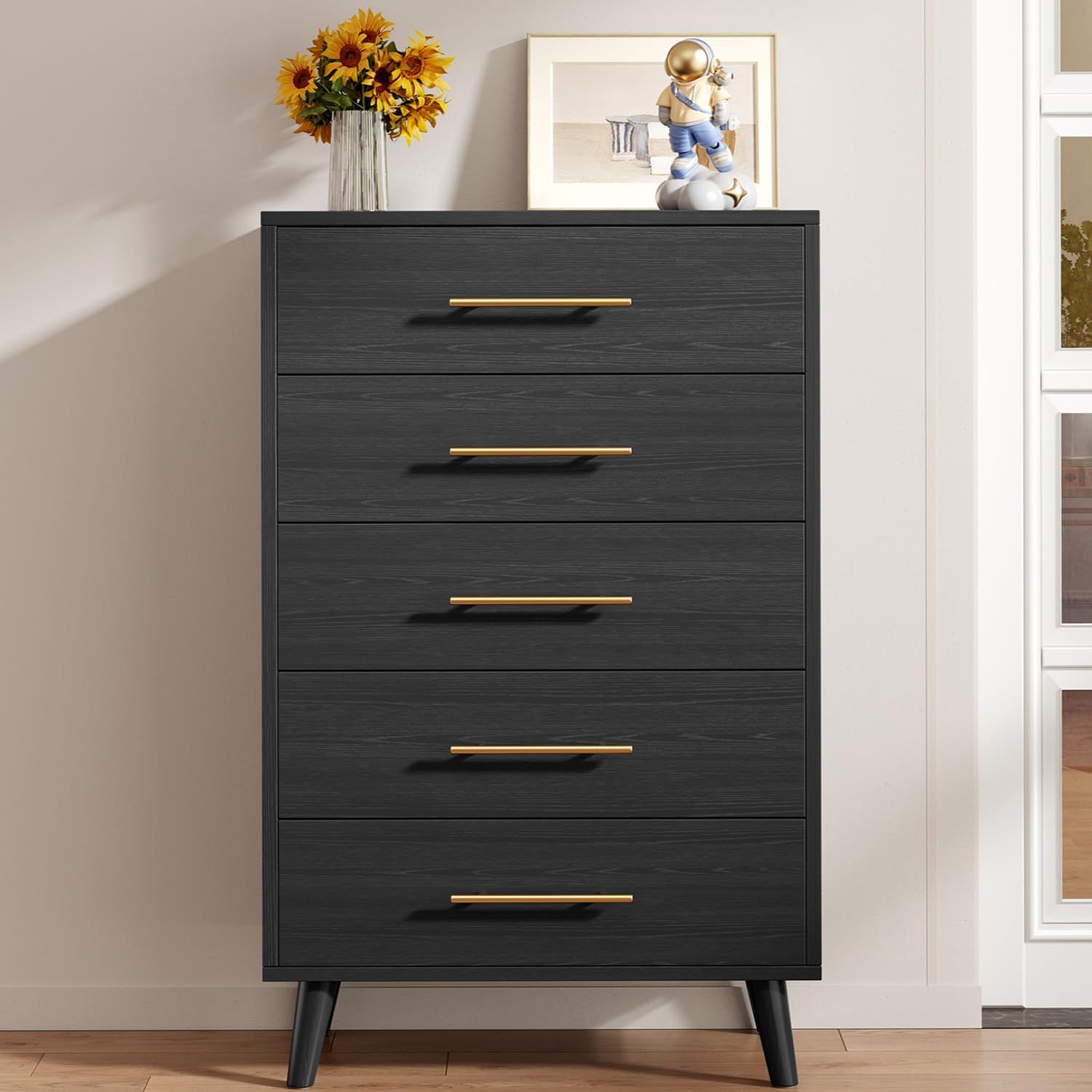 Black Tall 5-Drawer Wood Dresser with Gold Handles