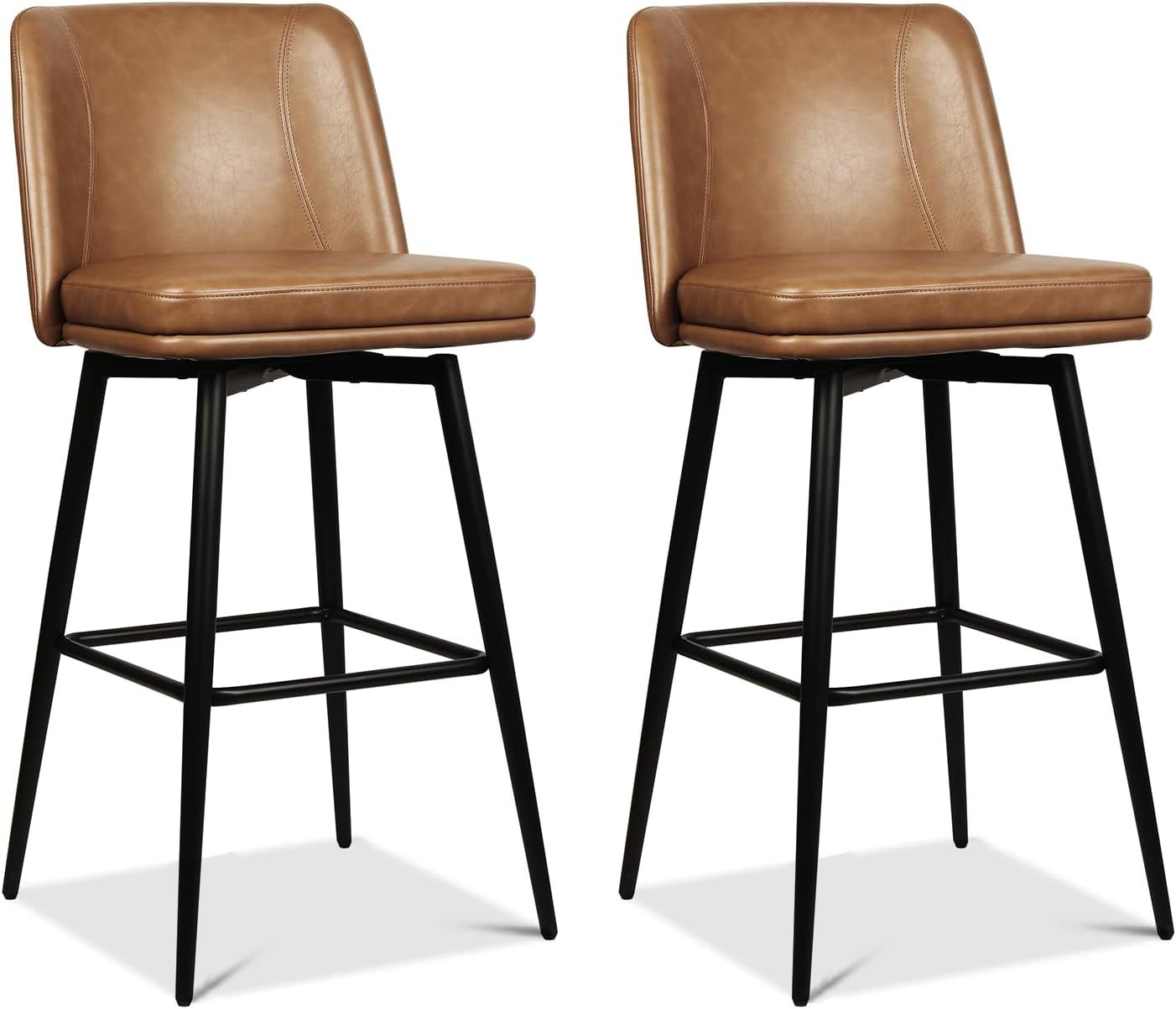 Set of 2 Black Metal Swivel Bar Stools with Faux Leather Upholstery