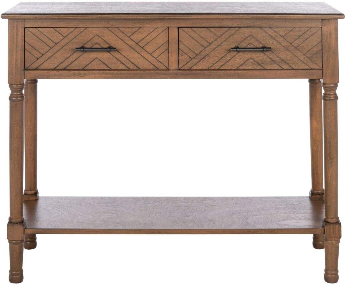 Peyton Rich Brown 40" Carved Herringbone 2-Drawer Console Table with Shelf