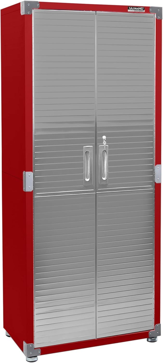 Red and Silver Steel Lockable Storage Cabinet with Adjustable Shelves