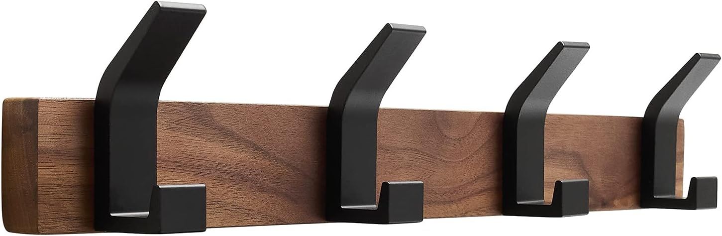 Walnut Wood and Black Aluminum Wall Mounted Coat Rack with 4 Hooks