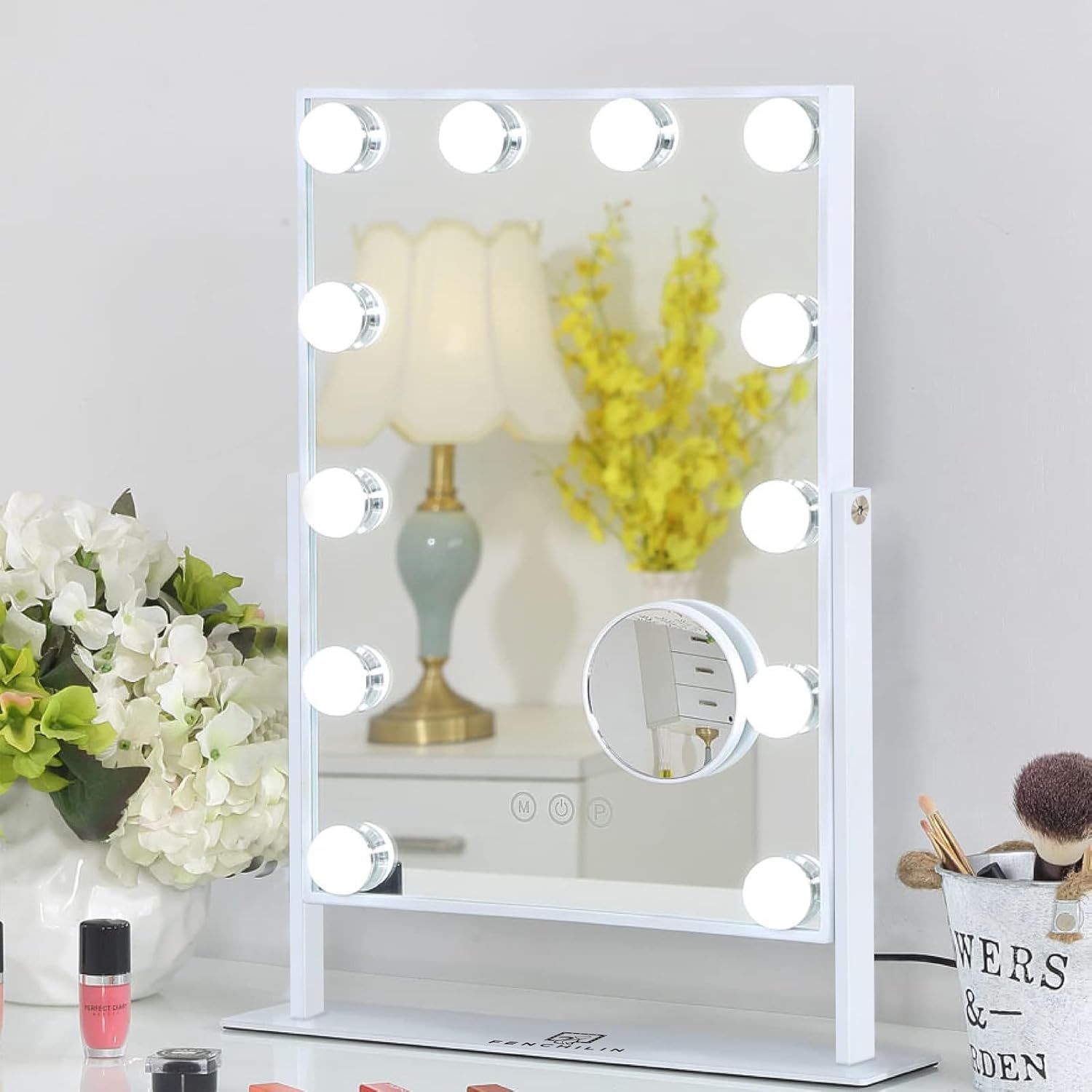 White Metal Framed Lighted Makeup Mirror with 10X Magnification