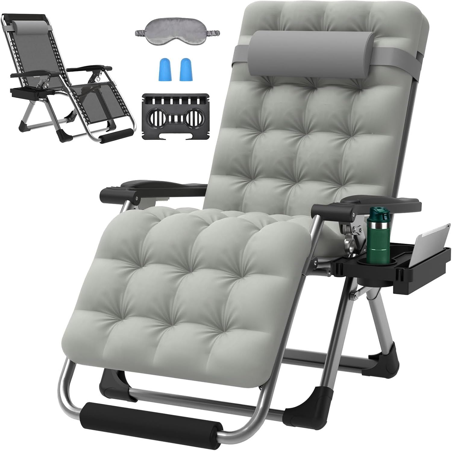 Gray Cushioned Zero Gravity Recliner with Cup Holder