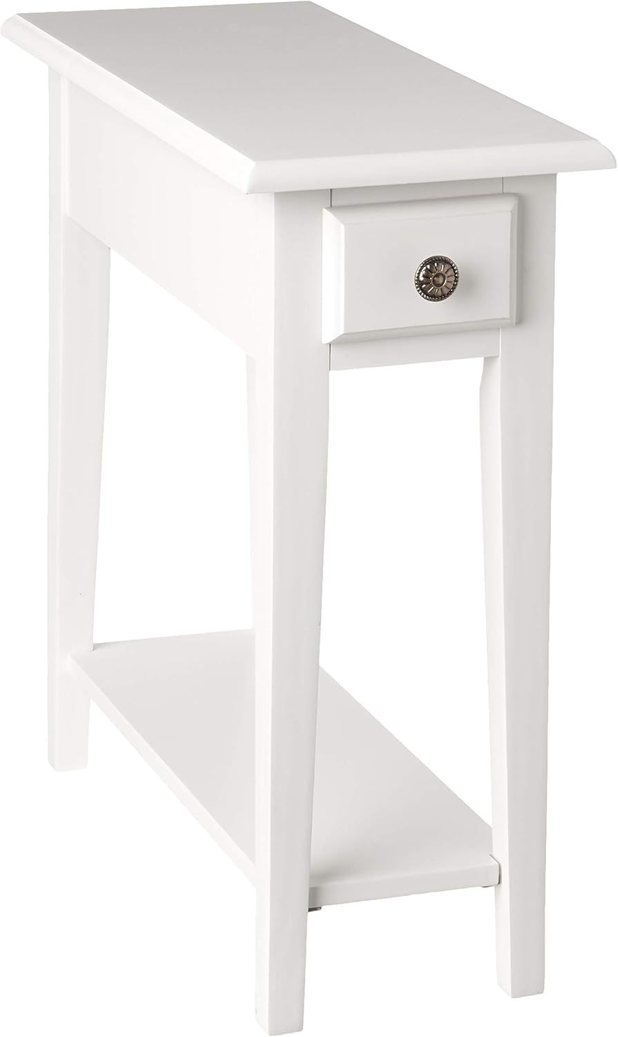 Off-White Wood Narrow Side Table with Drawer and Shelf